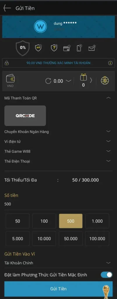 Chọn phương thức nạp tiền vào W88 và nhập số tiền Chọn phương thức nạp tiền vào W88 và nhập số tiền