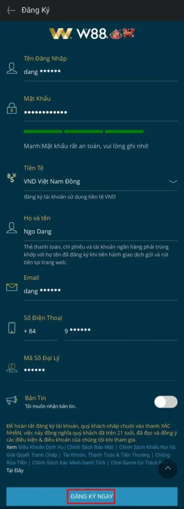 Điền thông tin đăng ký tài khoản W88 và xác nhận Điền thông tin đăng ký tài khoản W88 và xác nhận